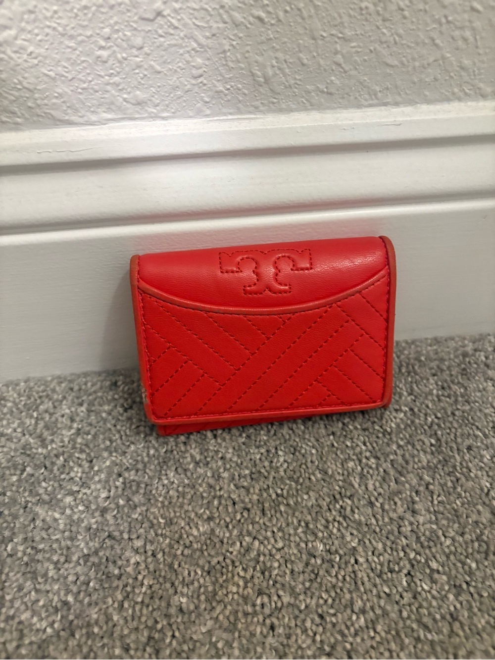 Tory Burch Coral-Red Quilted Leather Card Wallet